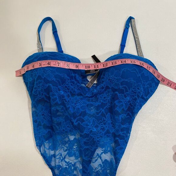 Victoria’s Secret Blue Lace Rhinestone Strap Bodysuit XL Sexy Sheer One Piece Li - Picture 5 of 7